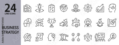 Business Strategy line icons set with Planning, Management, Leadership, Growth, Analysis, Goal, Decision and more. Editable Stroke