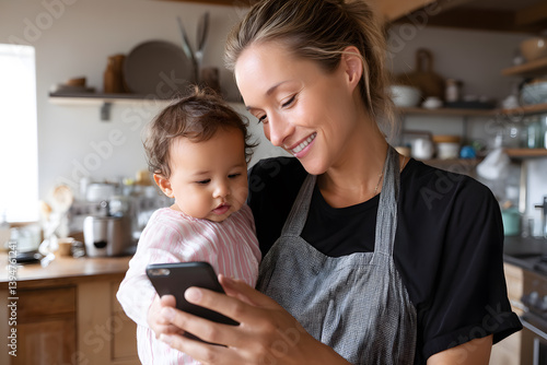 A woman holding a baby and looking at a cell phone