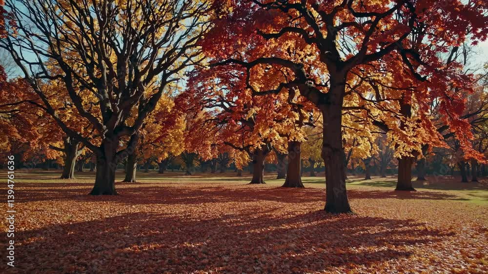 Majestic autumn park with red maple trees and golden leaf covered path