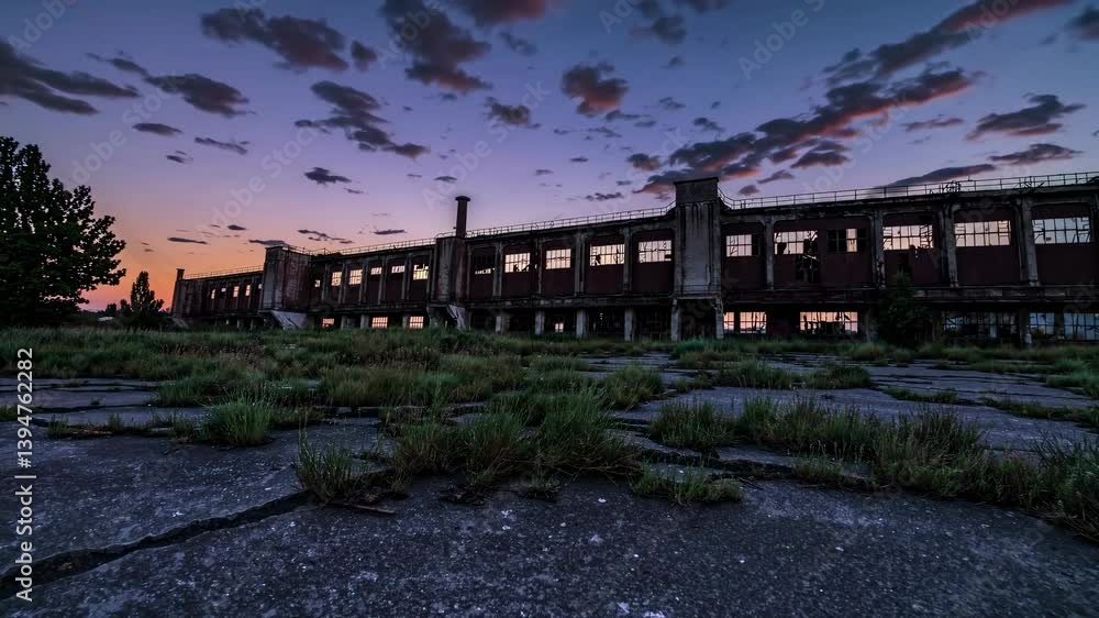 Abandoned industrial building with crumbling concrete at colorful sunset Abandoned industrial building with crumbling concrete at colorful sunset