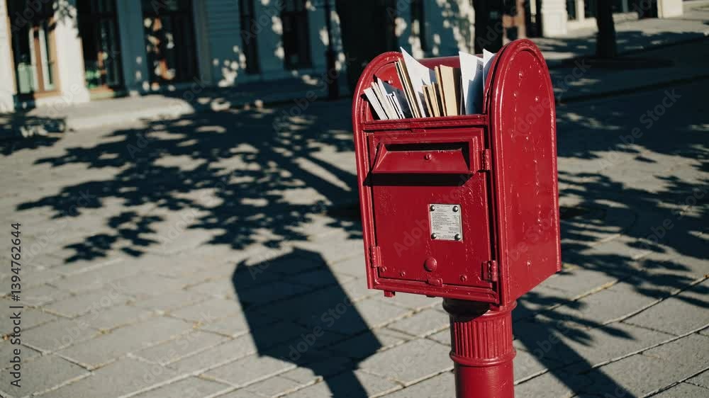 Vibrant red mailbox on sunny sidewalk with shadow play patterns Vibrant red mailbox on sunny sidewalk with shadow play patterns