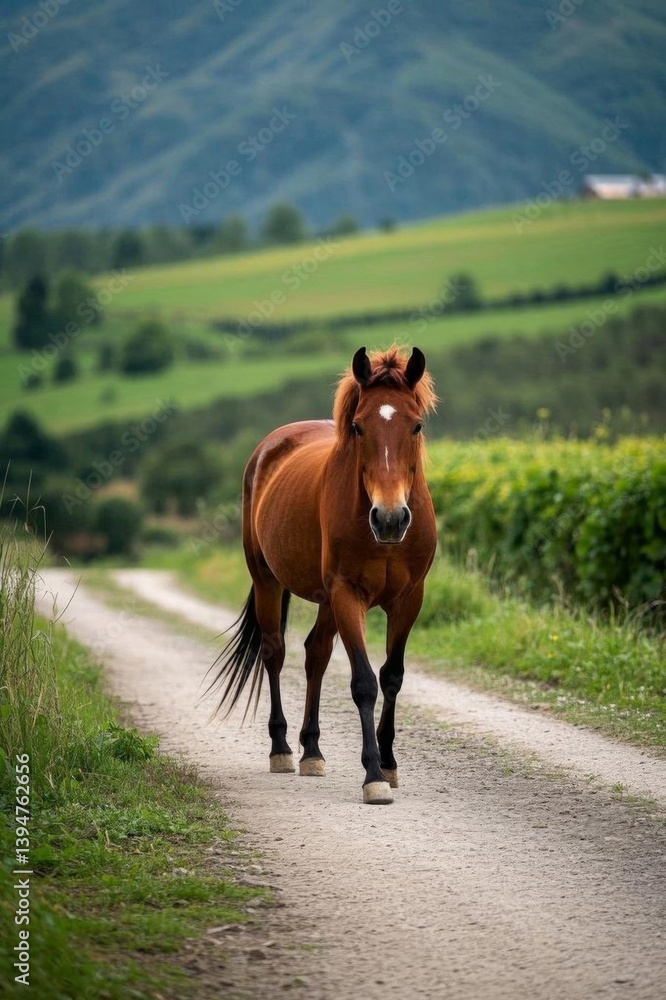 Obraz premium there is a horse walking down a dirt road in the country