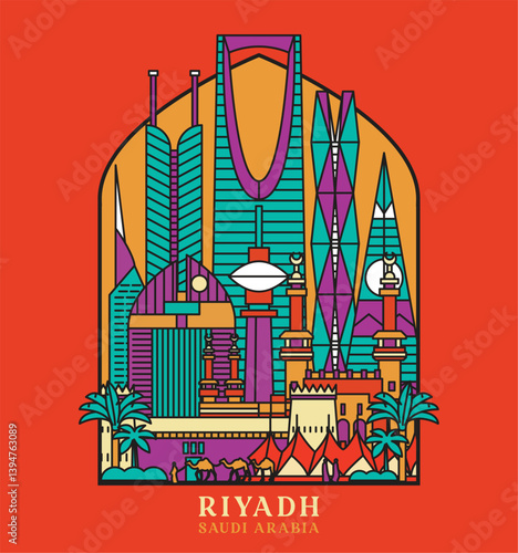 Illustration Vector of Saudi Arabia Landmark Buildings, Riyadh Tower Cityscape.