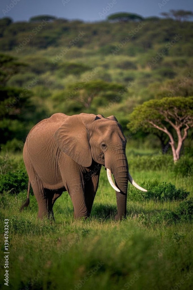 Obraz premium there is a large elephant standing in a grassy field with trees in the background