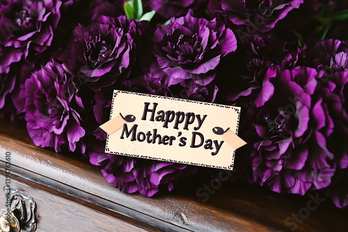 An arrangement of dark purple carnations around a stylish "Happy Mother's Day" tag on a vintage wooden dresser.