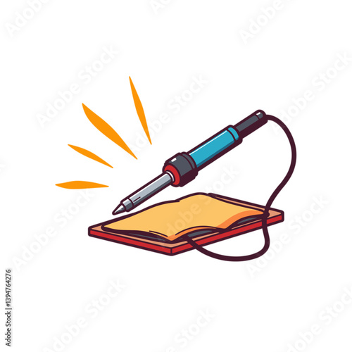 Soldering pen creating sparks above an open book  