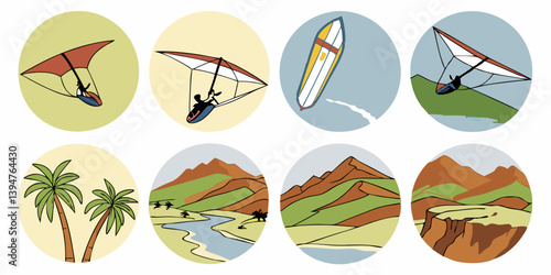 Circular Vector Icons Hang Gliders Surfboard Palm Trees and Mountain Landscapes for Travel and Outdoor Adventure