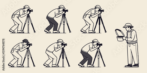 Vintage Black and White Line Art Graphic Vector Illustration Set: People Photographers with Camera Tripods and Bucket - Retro Photography Style