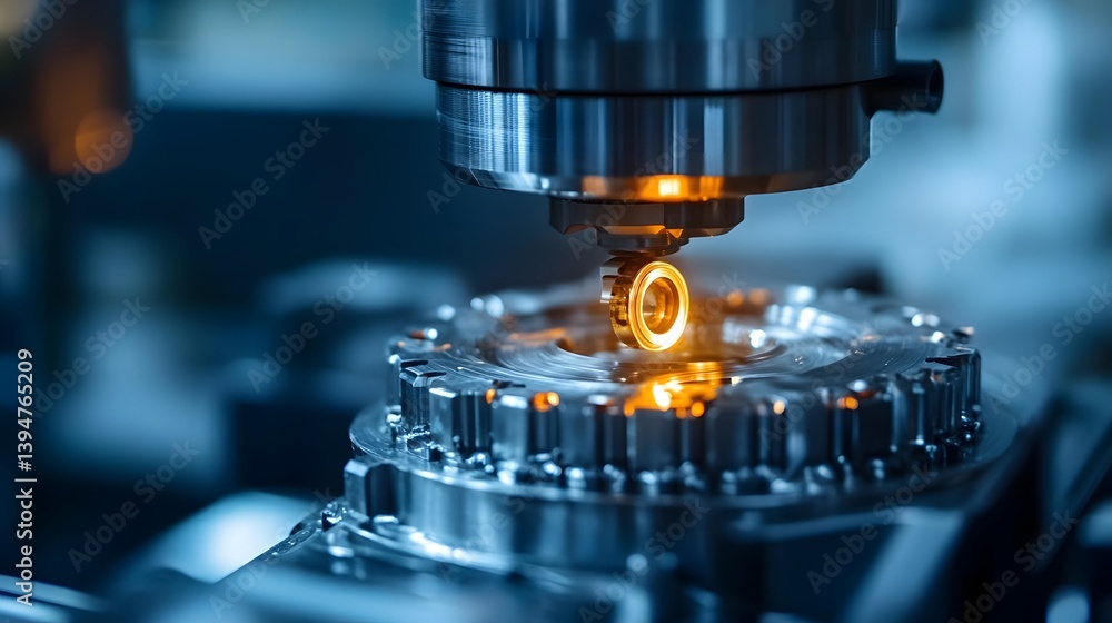 A machine is making a small metal object. The object is glowing yellow. The machine is surrounded by many small metal parts A machine is making a small metal object. The object is glowing yellow. The machine is surrounded by many small metal parts