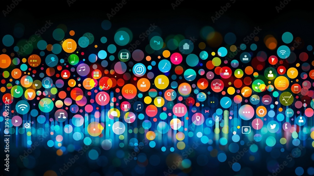 Obraz premium Floating media icons in vibrant digital space, symbolizing connectivity and innovation in a dynamic world.