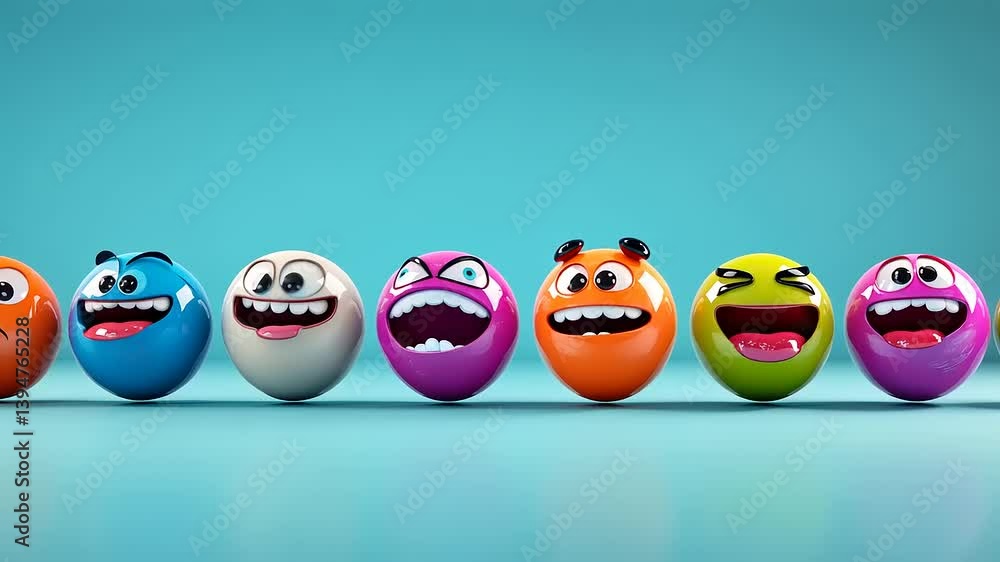 Delightful Row of Colorful Emoji Balls: A Playful 3D Render Delightful Row of Colorful Emoji Balls: A Playful 3D Render