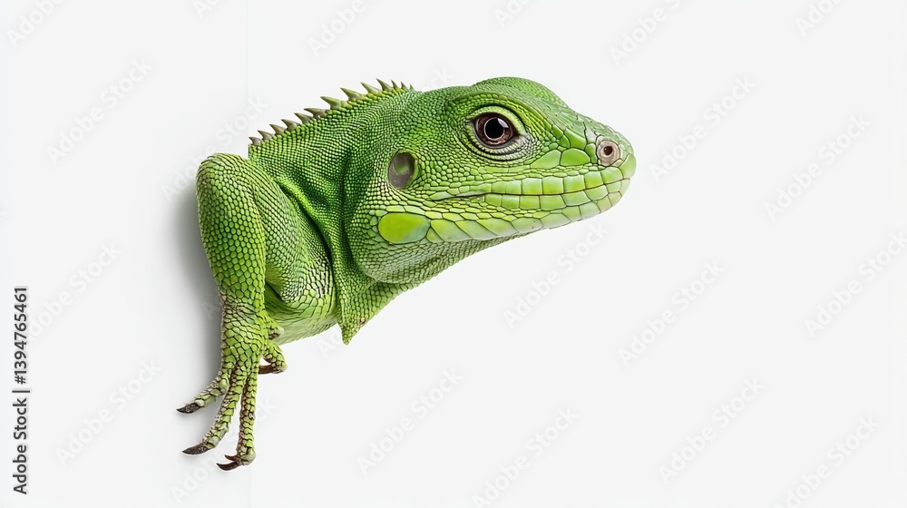 Fototapeta premium Green lizard is standing on a white background. The lizard is the main focus of the image, and it is looking directly at the camera