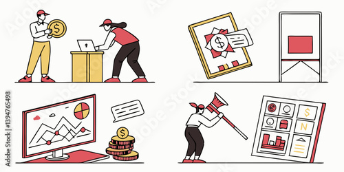 Business Finance Investment Data Marketing Illustrations People Money Charts Graphs Computer Megaphone