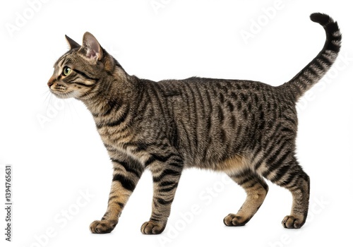 Wallpaper Mural A tabby cat stands on a white background with its tail curled upwards and looking to the left side isolated on white background Torontodigital.ca