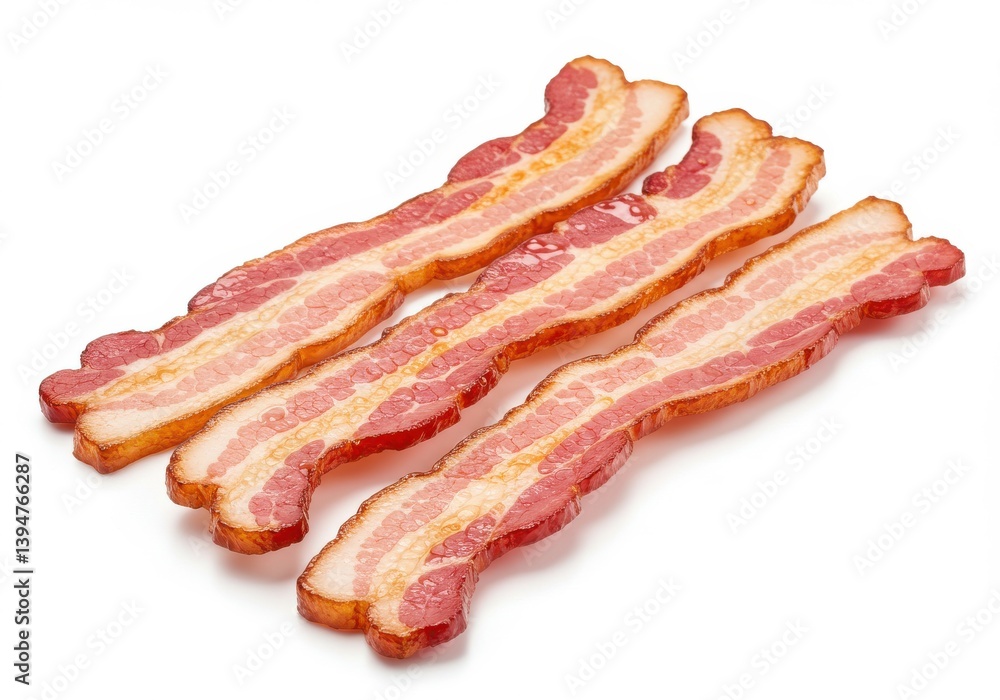 Three strips of uncooked bacon with visible fat and meat on a plain white background in a studio shot isolated on white background Three strips of uncooked bacon with visible fat and meat on a plain white background in a studio shot isolated on white background