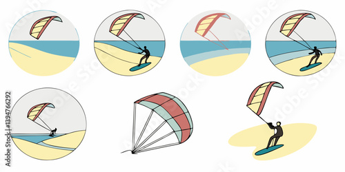 Kitesurfing Stick Figure Cartoon Illustration Set Beach Sport Activity Kite Surfer on Water and Sand Different Angles and Kite Positions Water Sports Extreme Sports Outdoor Fun