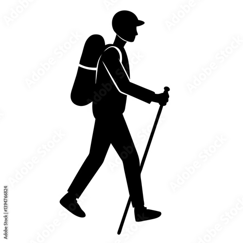 Hiking man with backpack and walking stick silhouette vector isolated on white background