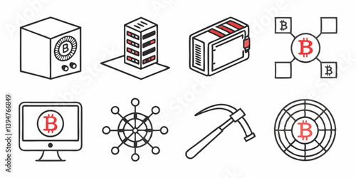 Bitcoin Cryptocurrency Isometric Icons - Mining Network Server Wallet Computer Pickaxe Target - Black White Red Line Art Style