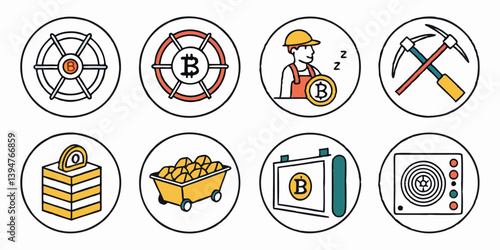 Flat Vector Bitcoin Mining Icons: Cryptocurrency, Blockchain, Bitcoin Miner, Mining Hardware, Tools, Bitcoin Network, Digital Currency Design