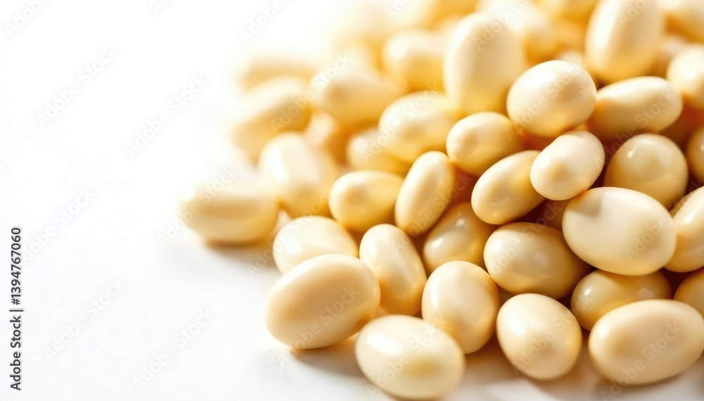 Close-up of dry white beans on white background, haricot beans, white beans Close-up of dry white beans on white background, haricot beans, white beans