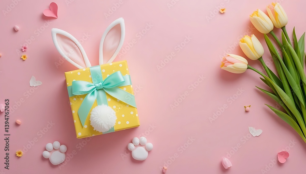 Easter Bunny Gift Box with Pastel Background and Decorative Elements, Card and Wallpapers. Ai Generative Easter Bunny Gift Box with Pastel Background and Decorative Elements, Card and Wallpapers. Ai Generative