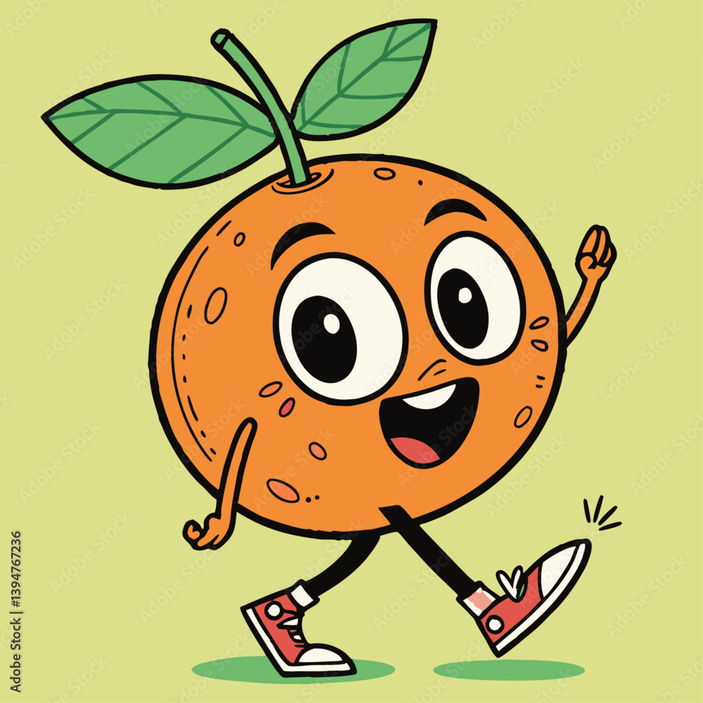 Fototapeta premium Cute Cartoon Orange Fruit Character Walking Happily with Sneakers and a Big Smile