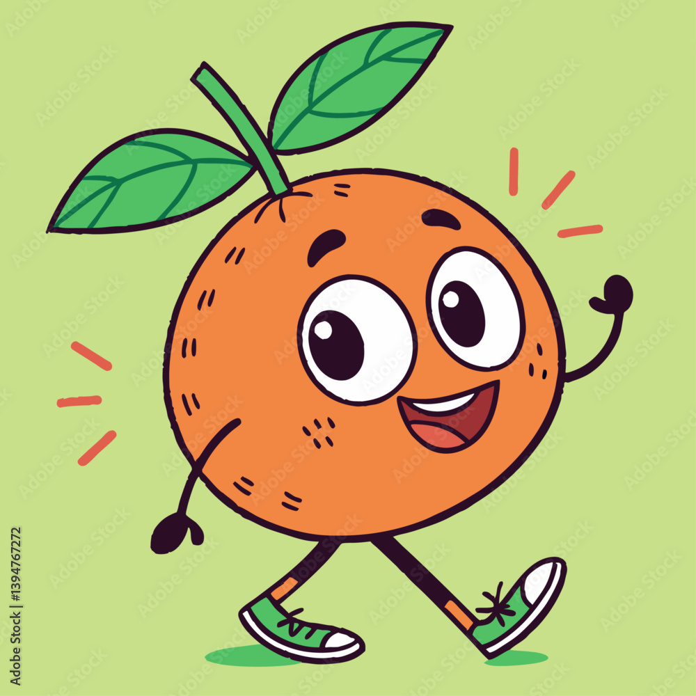 Fototapeta premium Happy Cartoon Orange Fruit with Sneakers and Big Smile, Cheerful Citrus Mascot with Leaves on Head