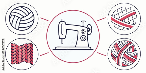 Sewing Machine, Yarn Balls, Knitted Fabric, Woven Fabric: Textile Crafting Vector Illustration