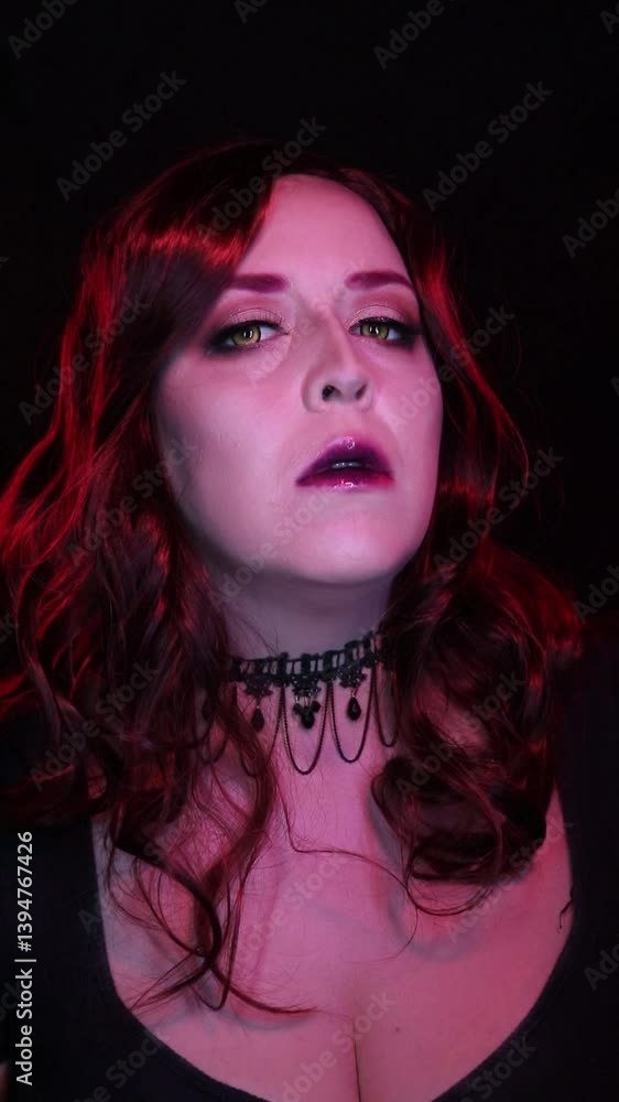 Mysterious woman with gothic vampire makeup and red hair, wearing dark lipstick and a black lace choker. Dramatic lighting highlights her intense eyes and ethereal beauty. Mysterious woman with gothic vampire makeup and red hair, wearing dark lipstick and a black lace choker. Dramatic lighting highlights her intense eyes and ethereal beauty.
