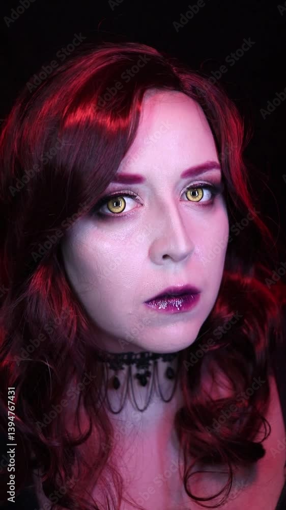 Mysterious woman with gothic vampire makeup and red hair, wearing dark lipstick and a black lace choker. Dramatic lighting highlights her intense eyes and ethereal beauty. Mysterious woman with gothic vampire makeup and red hair, wearing dark lipstick and a black lace choker. Dramatic lighting highlights her intense eyes and ethereal beauty.