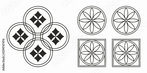 Black and White Line Art Decorative Geometric Floral Patterns Circles Squares Flowers Diamonds