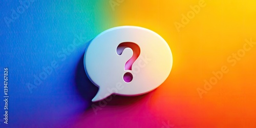 Gradient question mark in speech bubble; minimalist design, rule of thirds composition.