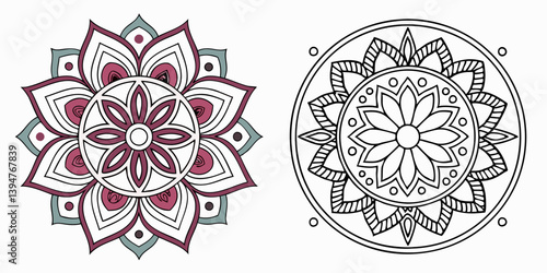 Intricate Floral Mandala Art Colorful and Black Outline Designs for Adult Coloring Relaxation and Meditation