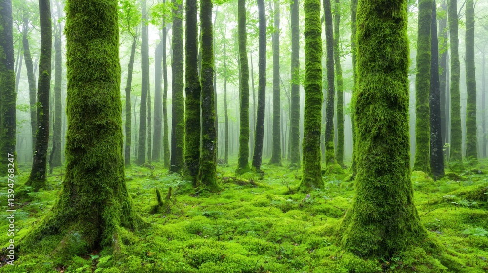 A mystical foggy forest with ancient moss covered trees A mystical foggy forest with ancient moss covered trees