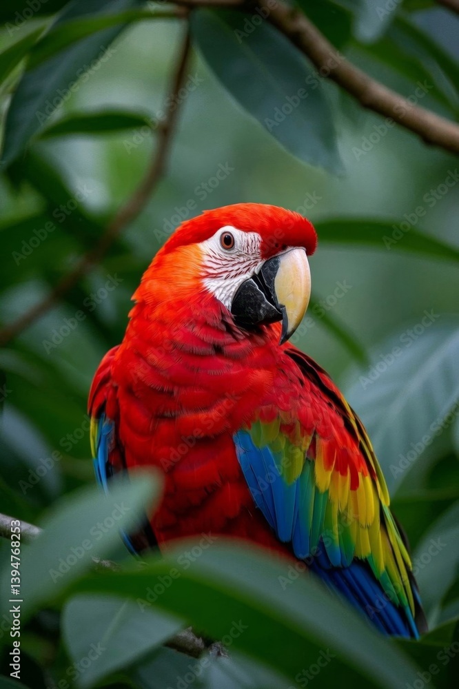 Obraz premium araffy red parrot sitting on a branch with green leaves