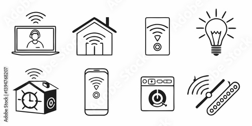 Black & White Smart Home Icons: Wireless Line Art - Laptop, House, Speaker, Light, Clock, Phone, Washer, Blinds