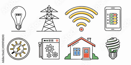 Smart Home Energy & Electricity Icons Vector: Light Bulb, Power Grid, Wifi, Tablet, House, CFL - Flat Line Art Style Illustration