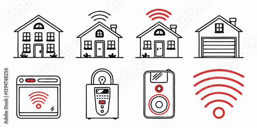 Smart Home Technology Connectivity Line Art Icons: Houses, Devices, Wifi Signals