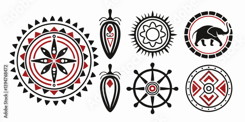 African Tribal Circle Art Set: Ethnic Designs with Elephant, Sun, Wheel, Shield, Geometric Patterns in Black and Red