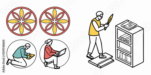 Floral Circles People Writing Laptop Bookshelf Dusting Line Art