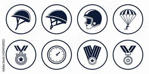 Vector Icons Helmets Parachute Medals Clock Sports Safety Black and White