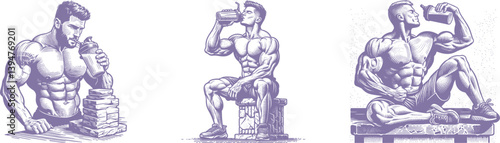Set of Strong, Muscular Man Drinking Protein Shake on Stone - Engraved Design for Fitness Enthusiasts  isolated, tattoo, culture, figure, human
