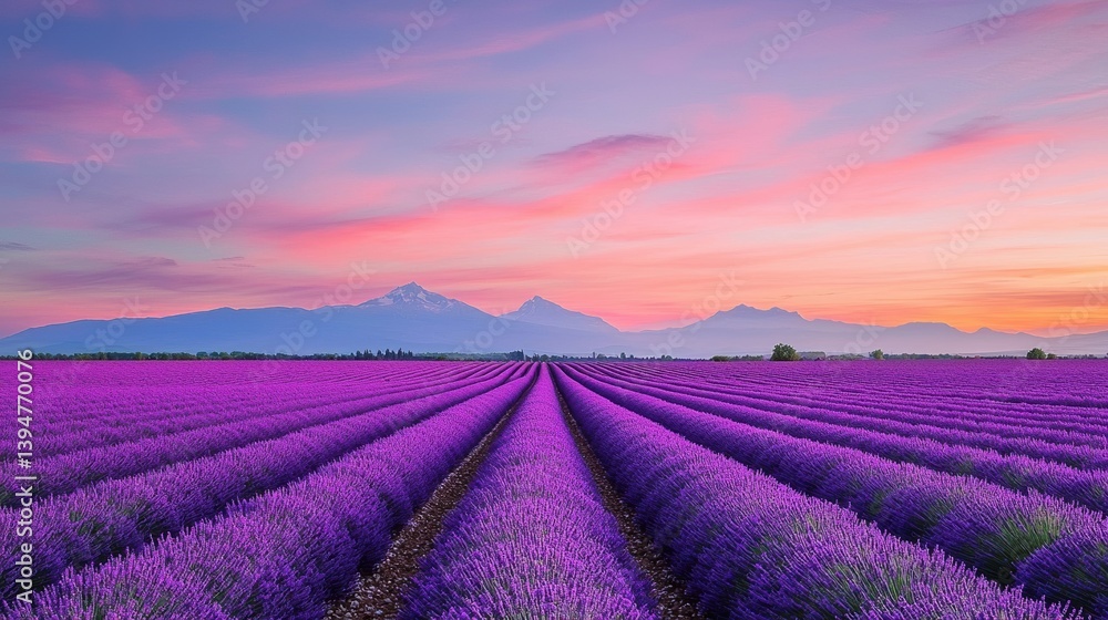 Endless lavender fields in full bloom under a dramatic sunset Endless lavender fields in full bloom under a dramatic sunset