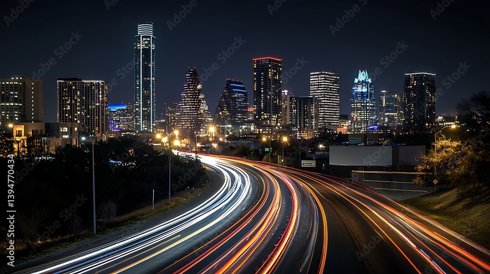 Fototapeta premium City lights in motion during a nighttime drive illustrate urban landscape illumination with dazzling light trails, portraying the city's lively character.
