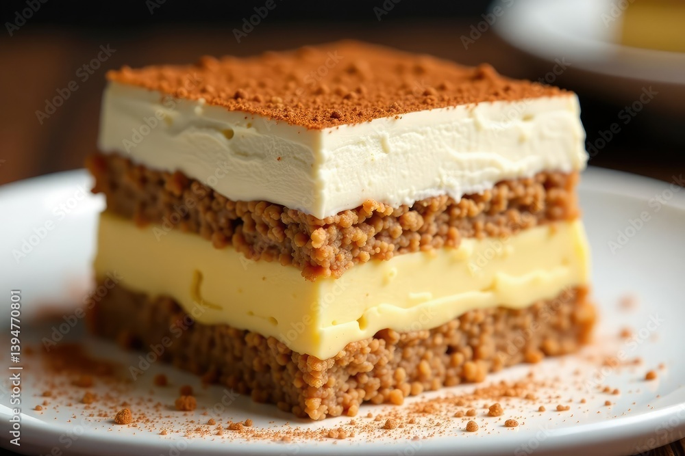 Close-up of layered tiramisu, showing texture and creamy filling , food styling, dessert photography, italian Close-up of layered tiramisu, showing texture and creamy filling , food styling, dessert photography, italian