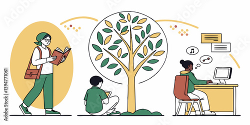Flat Vector Cartoon People Studying Book Computer Tree Illustration