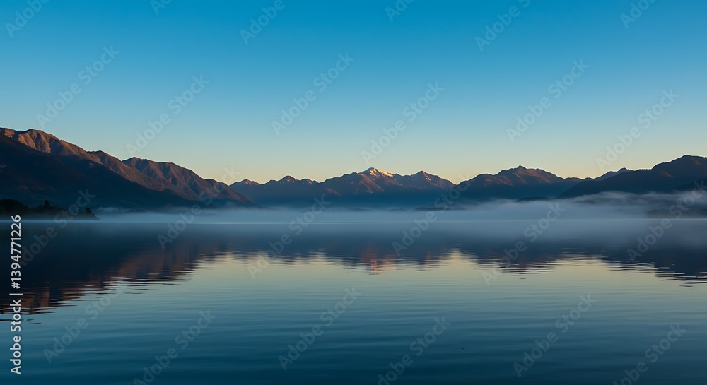 Serene Morning Mist over Mountain Lake Reflection Serene Morning Mist over Mountain Lake Reflection