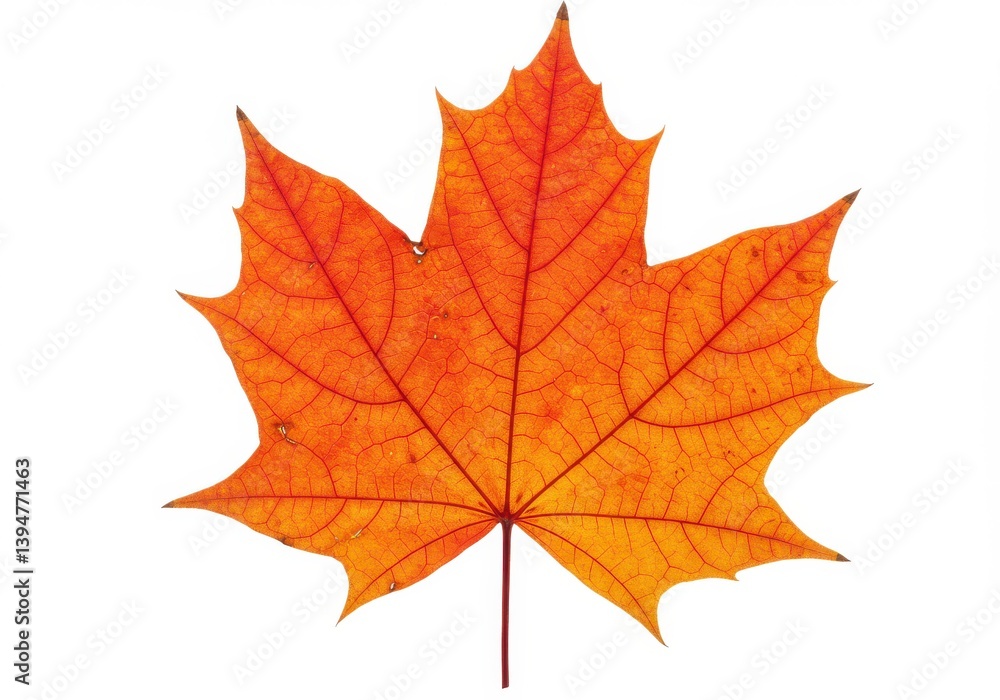 A single orange maple leaf with detailed veins isolated against a white background in close up view isolated on white background A single orange maple leaf with detailed veins isolated against a white background in close up view isolated on white background