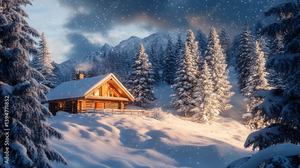 Naklejka premium Cabin in the woods with a fireplace and a snow-covered landscape