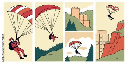 Retro Vintage Parachuting Cartoon Illustration Skydivers Cityscapes Nature Scenes